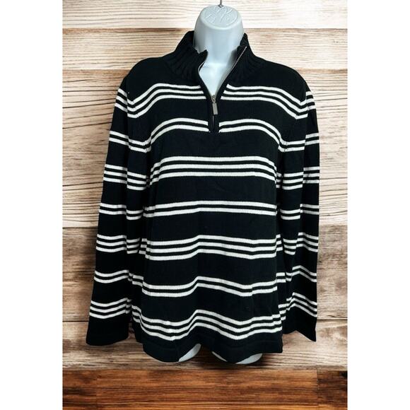 Karen Scott Donna Cotton Striped 1/4 Zip Sweater Sz M Black White Pullover - Picture 7 of 7